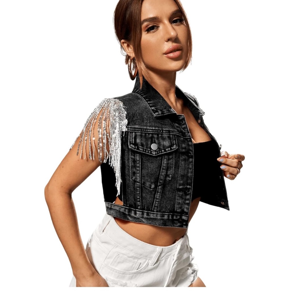 Women's Sequin Fringe Button Crop light black/dark grey Denim Sleeveless Vest